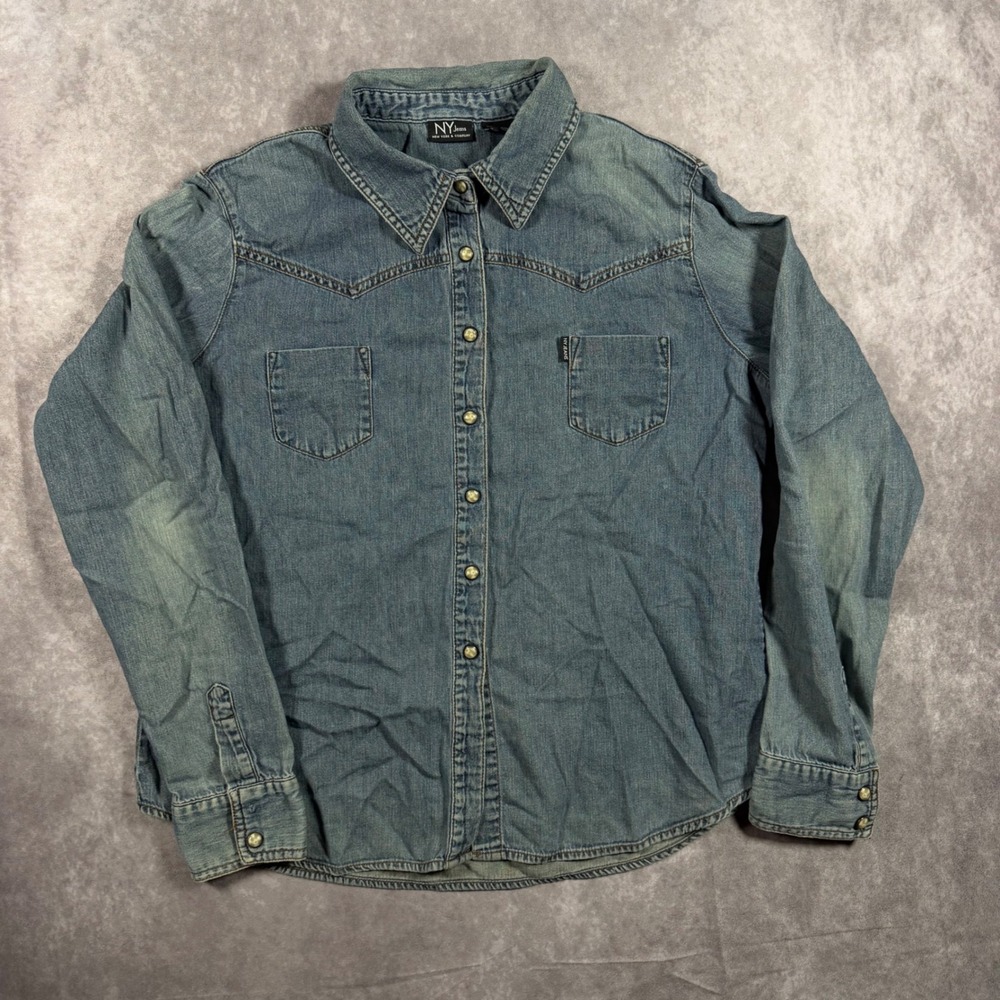 New York & Company Womens XL Denim Western Pearl Snap Button Shirt Blue Cowgirl